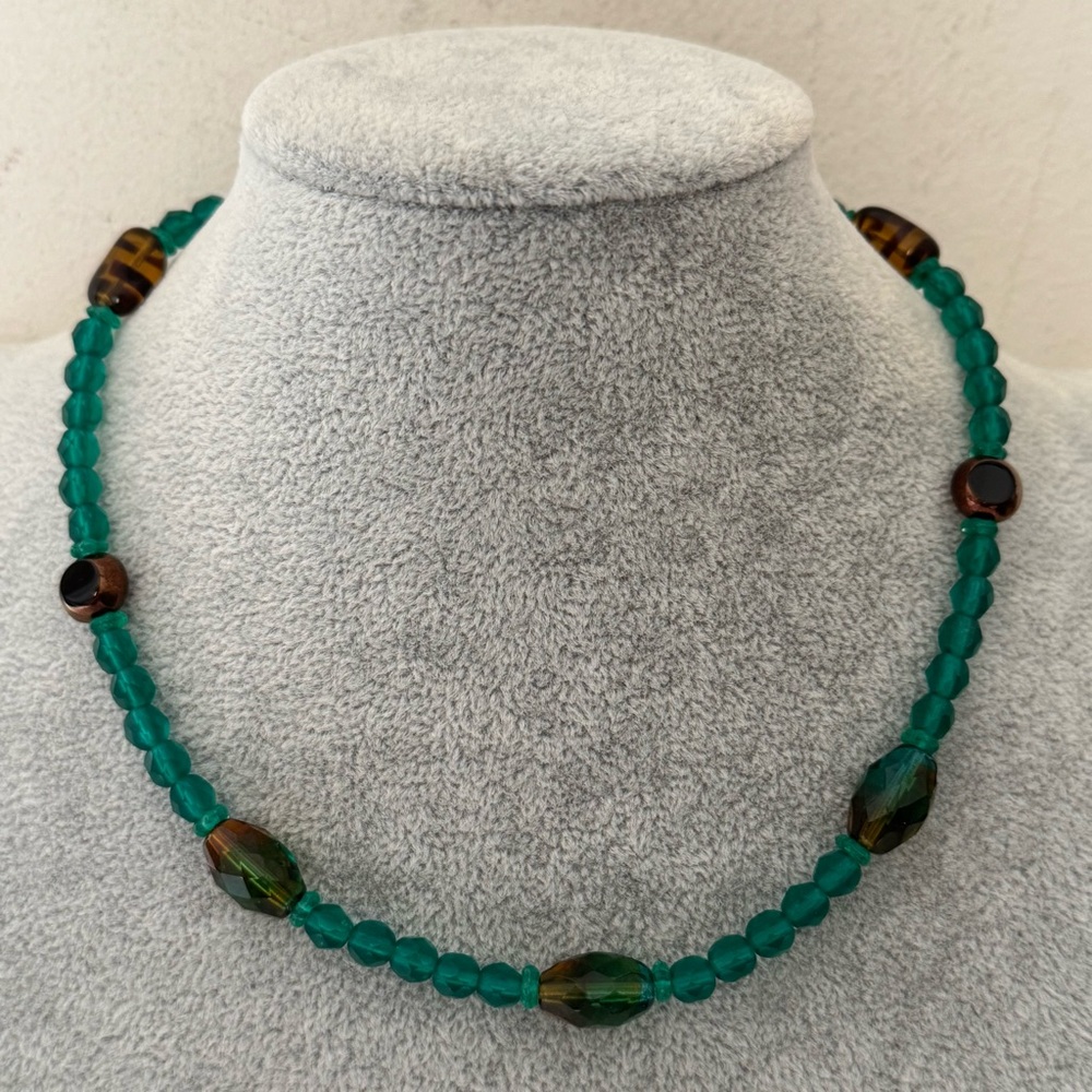 Hand Crafted Teal Green and Brown Crystal Beaded Choker Necklace